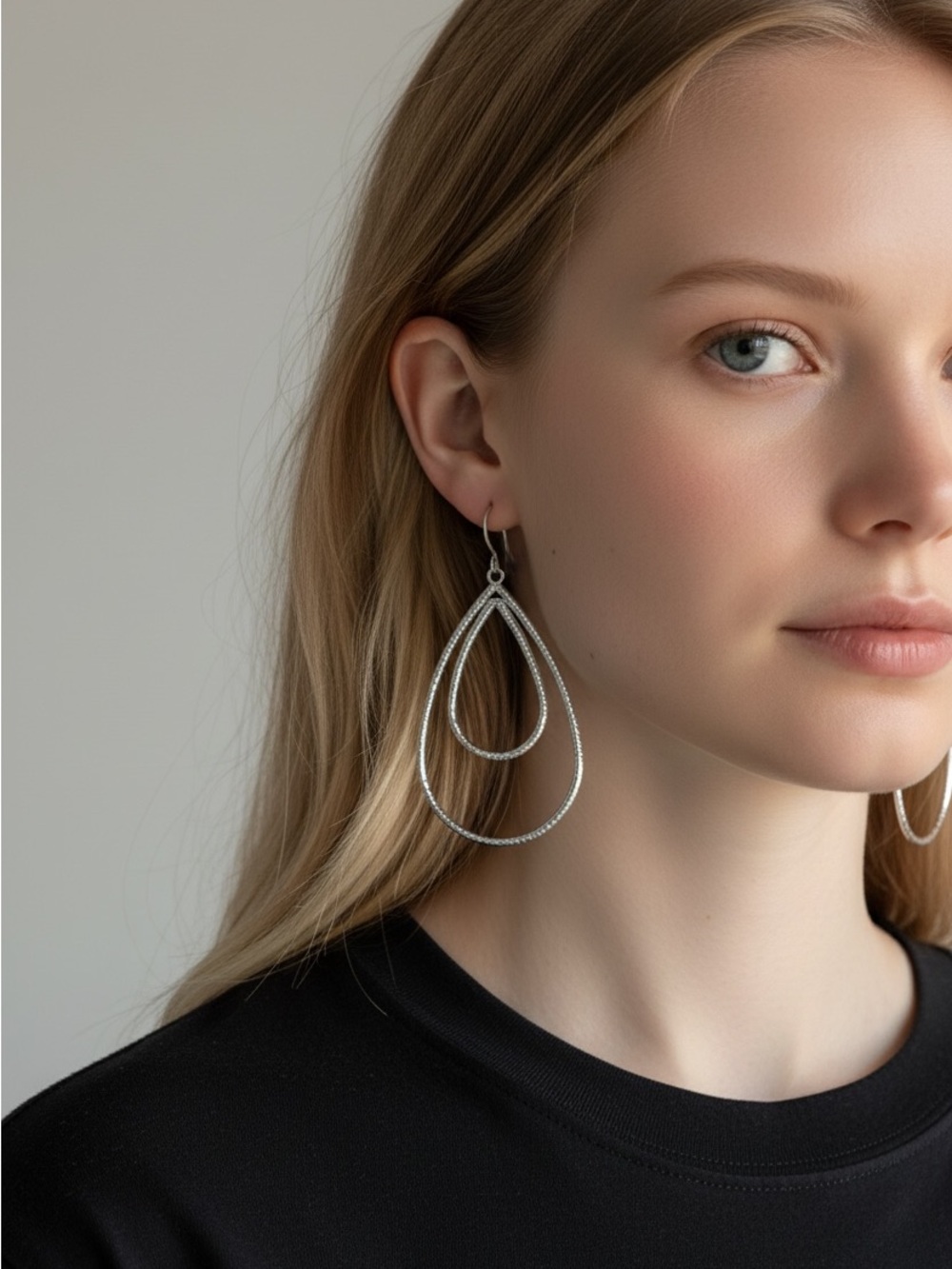 9/18 Silver Teardrop Double-Hoop Earrings - Classic Women Jewelry